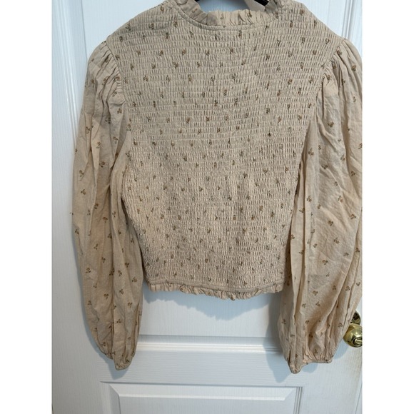 Fab'rik Smocked Floral Top Cream Puff Sleeves Ivory Beige Size L - Picture 3 of 8